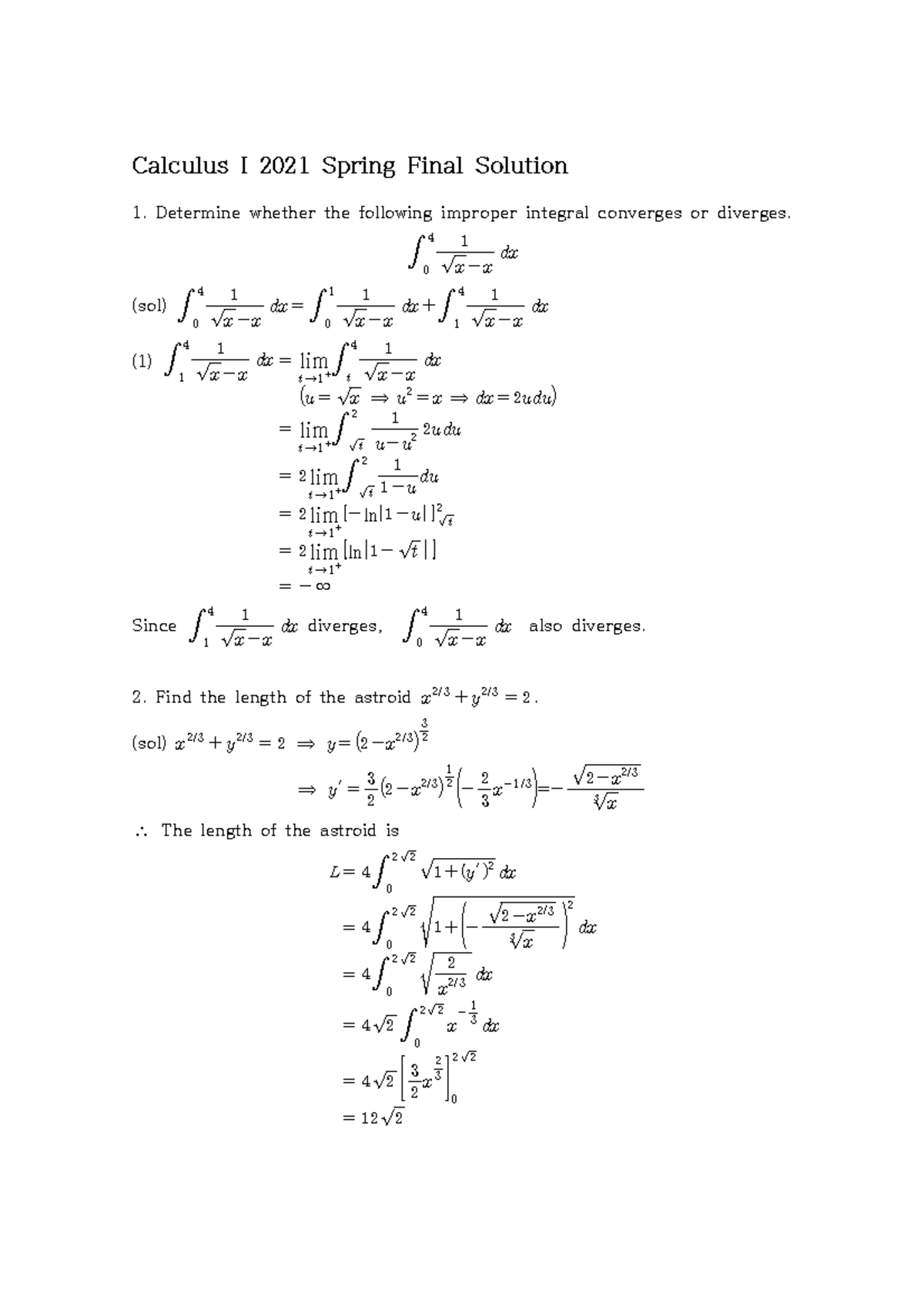 Calculus I 2021 Spring Final Exam Solution 1109527214 - Calculus I 2021 ...