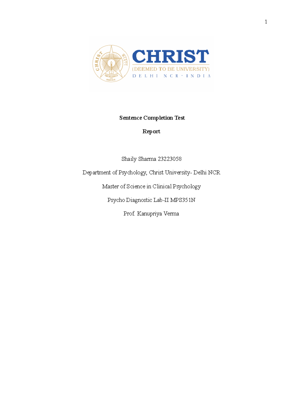 SCT Report - Sentence Completion Test Report Shaily Sharma 23223058 ...