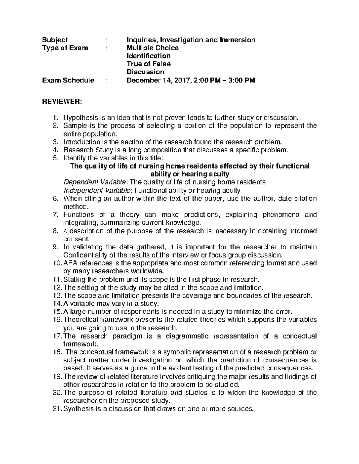Research 3rd Periodicals Reviewer - Subject : Inquiries, Investigation ...