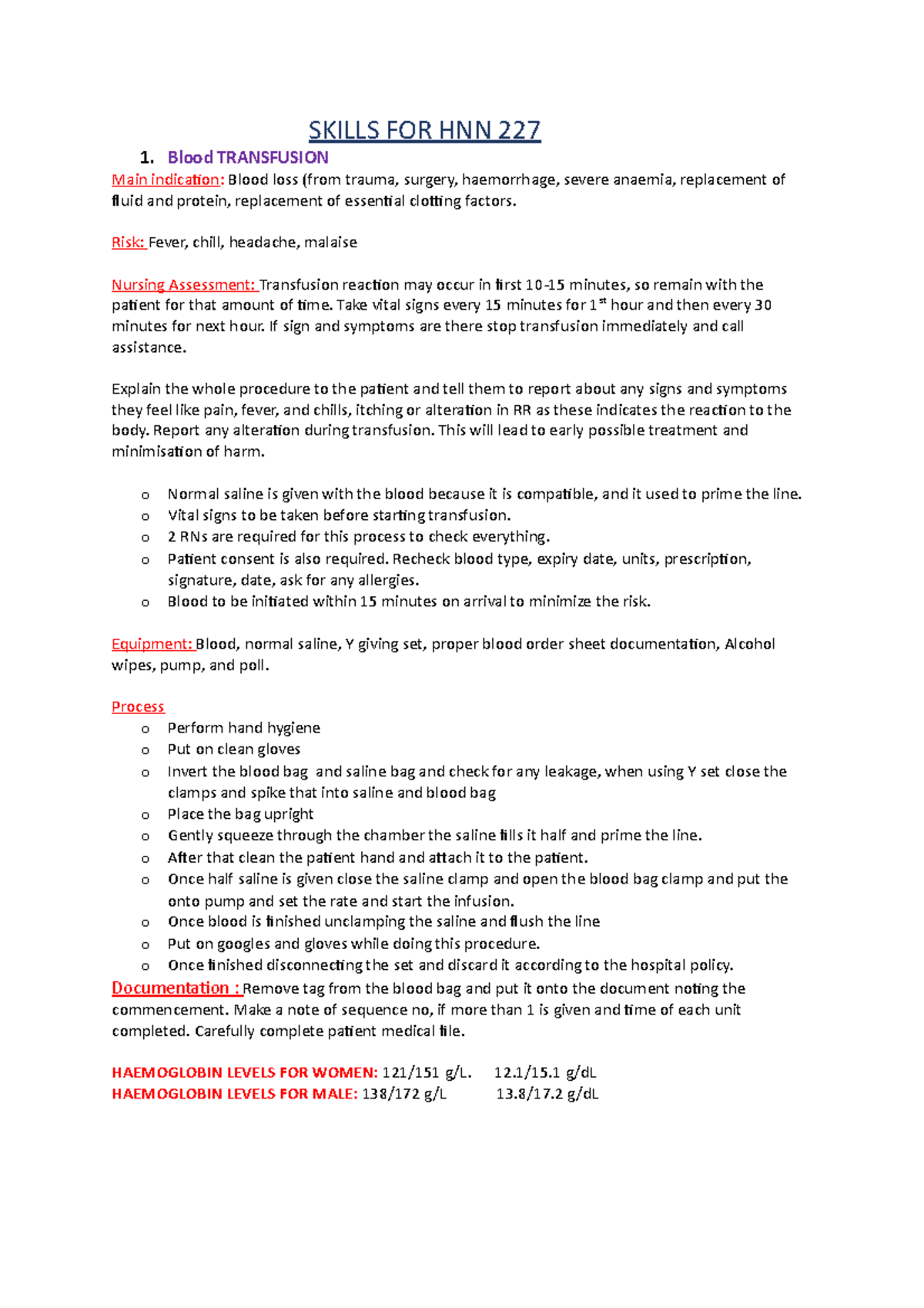 HNN 227 Simulation notes week 1 to week 7 - SKILLS FOR HNN 227 1. Blood ...