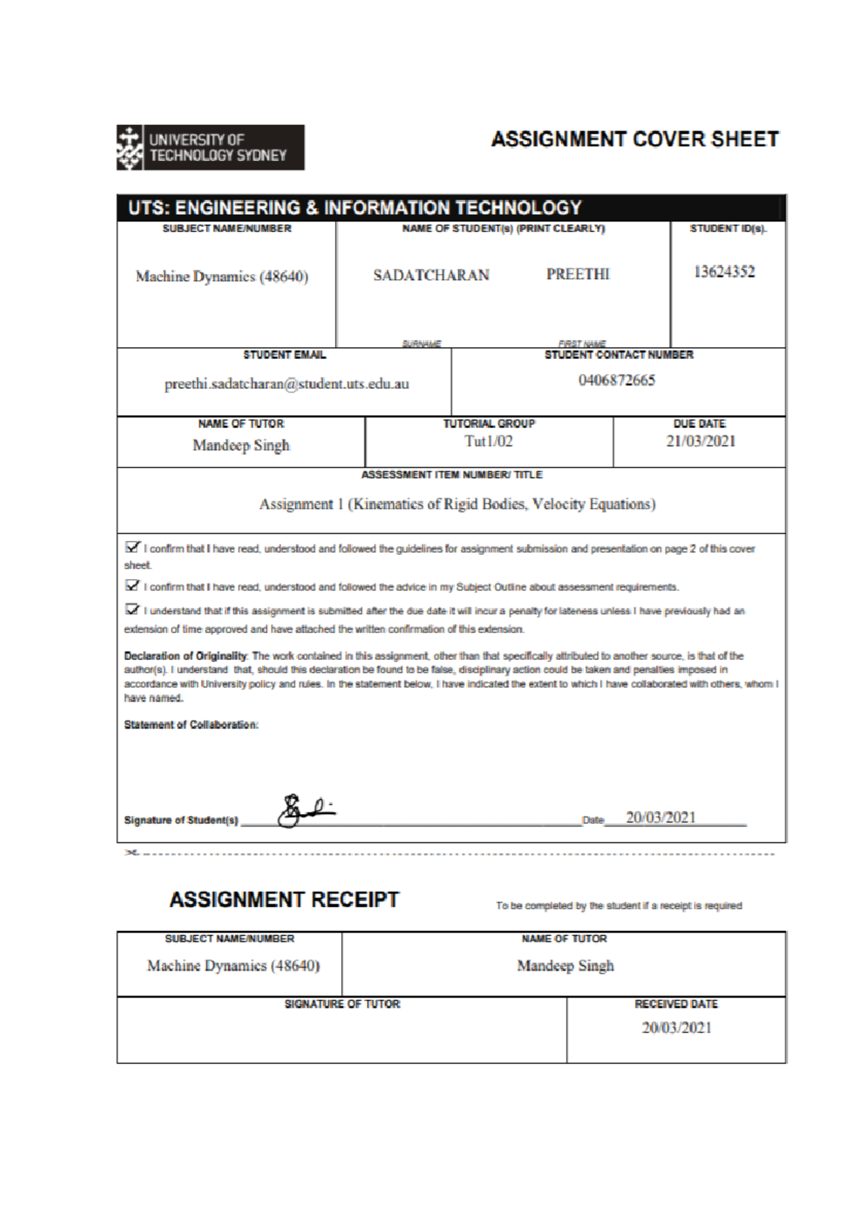 Preethi Sadatcharan 13624352 Assignment 1 - Machine Dynamics Assignment ...