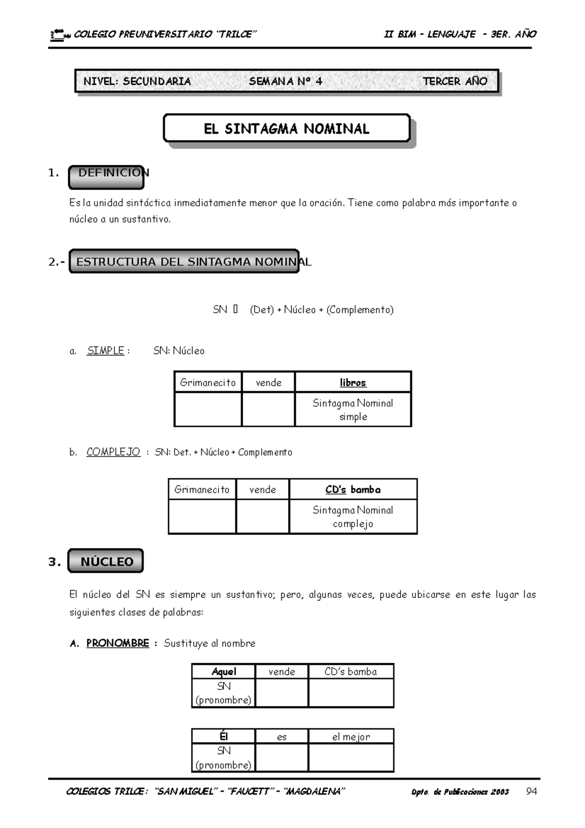 3er AÑo Lenguaje Guia Nº4 El Sintagma Nominal El Sintagma