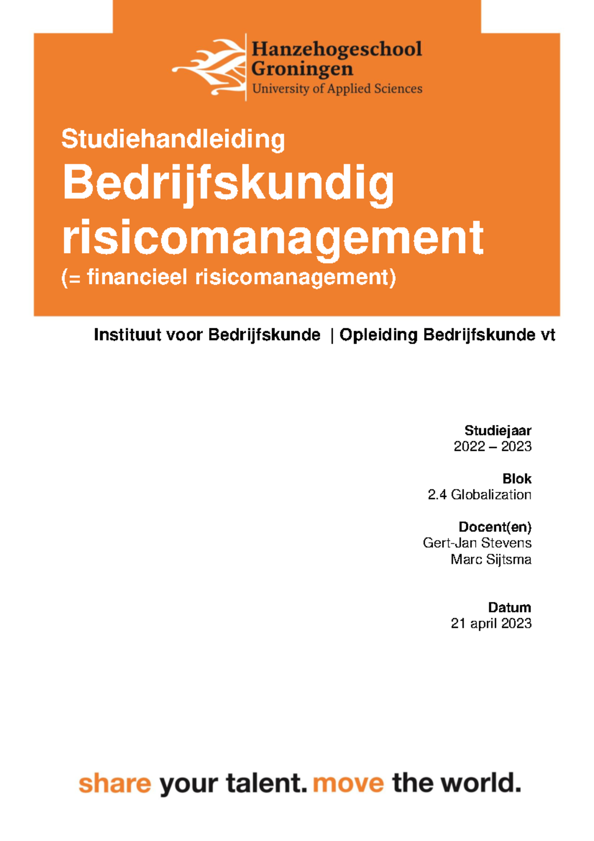 2022 2023 SHL Bedrijfskundig Risicomanagement 1 - Studiehandleiding ...