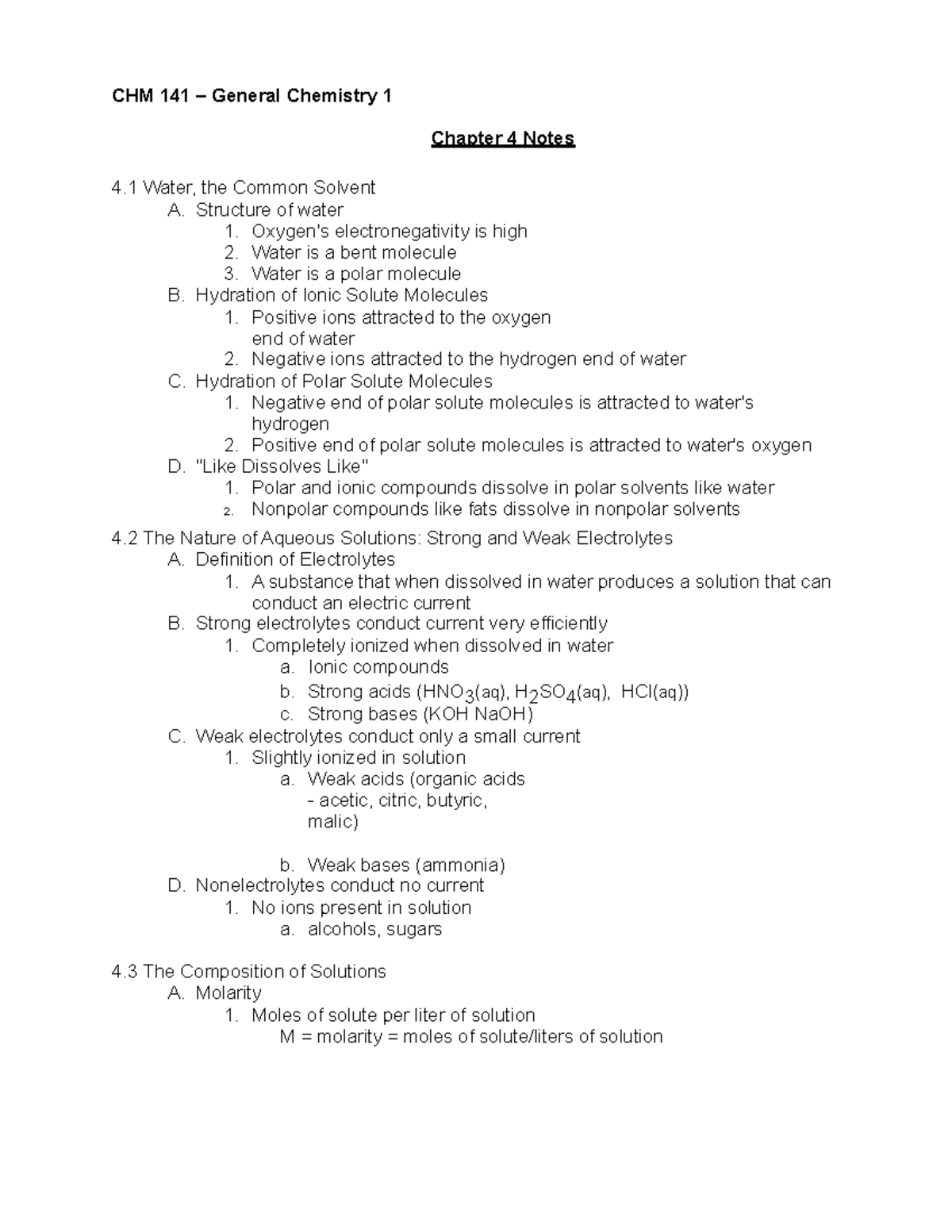 Chem 141 - Chapter 4 Notes - CHM 141 – General Chemistry 1 Chapter 4 ...