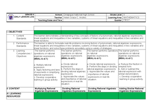 Lesson Plan for Mathematics 8 - GRADE 8 DAILY LESSON LOG School Grade ...