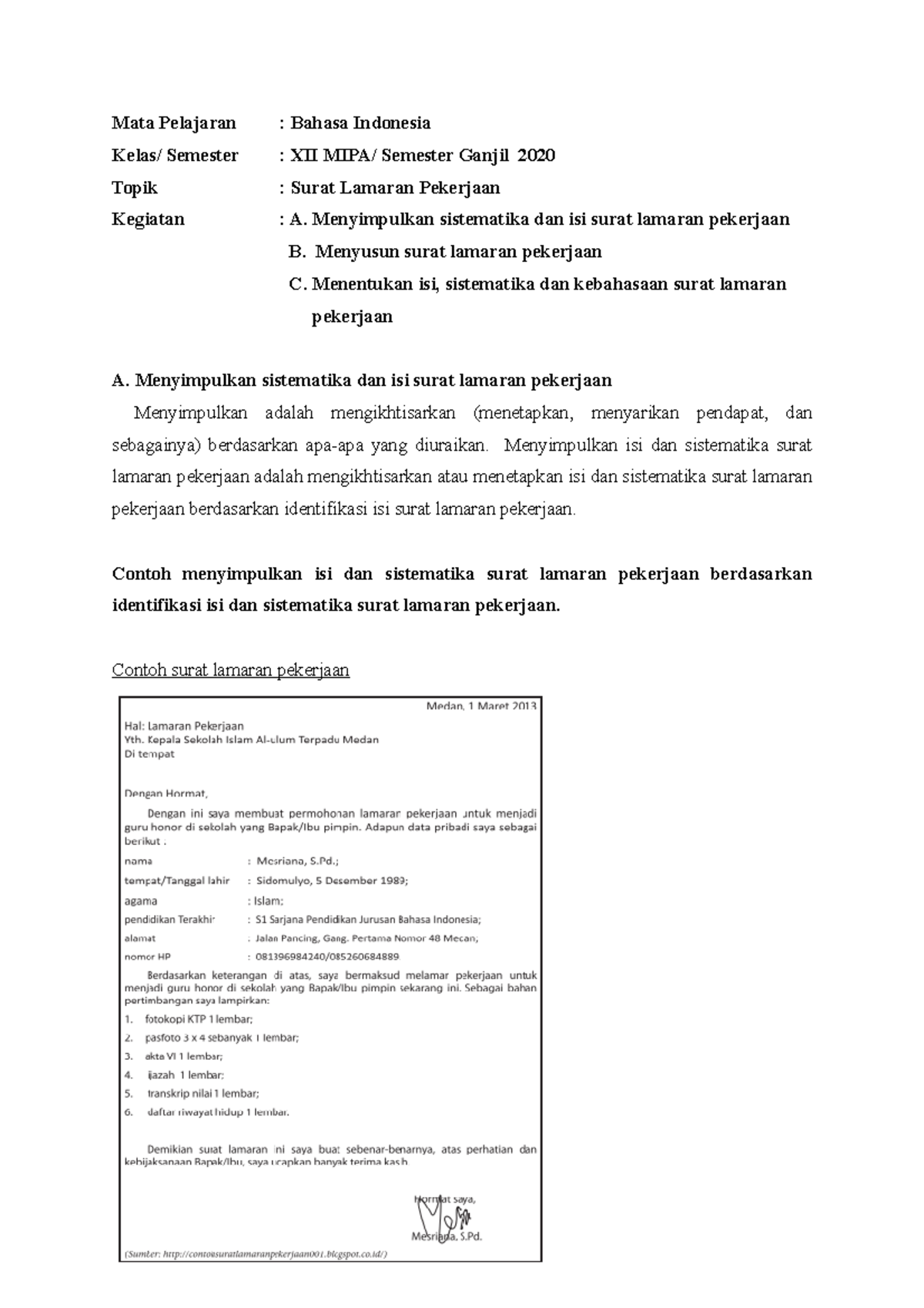 Materi Surat Lamaran XII 4 - Mata Pelajaran : Bahasa Indonesia Kelas ...