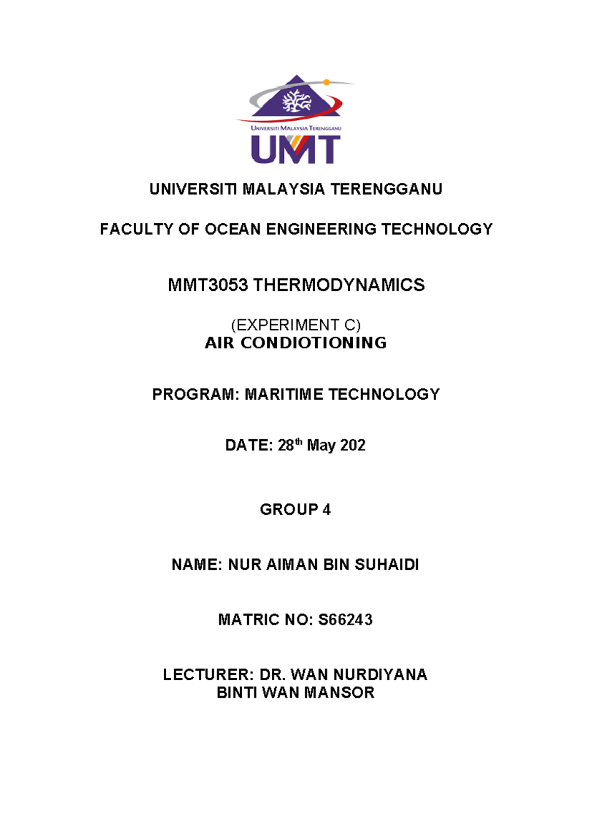 Air Conditioning Lab Report UNIVERSITI MALAYSIA TERENGGANU FACULTY OF