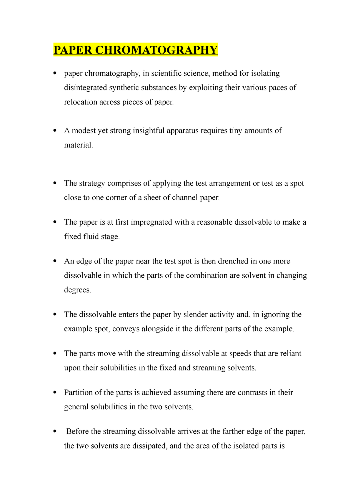 Paper Chromatography it is lecture notes PAPER CHROMATOGRAPHY paper