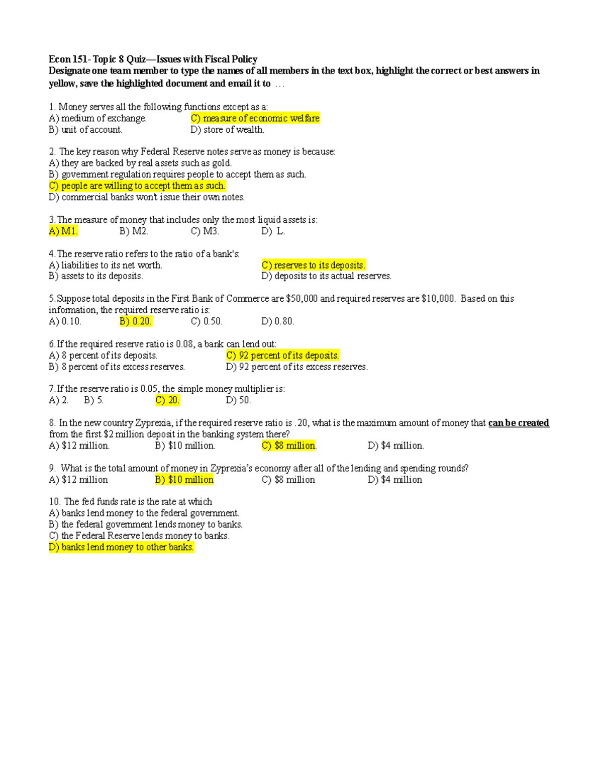 Econ 151 Topic 8 Quiz-Money and Banking Team Part - Econ 151- Topic 8 ...