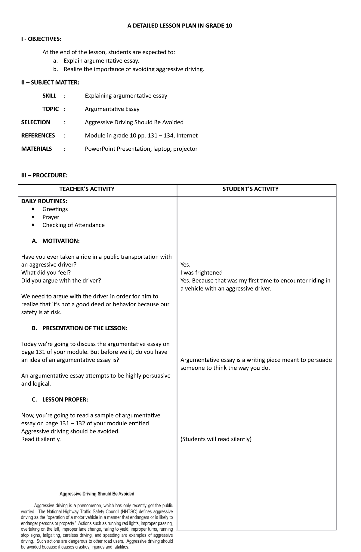 A Detailed Lesson Plan In Grade 10 A Detailed Lesson Plan In Grade 10 I Objectives At The 0416