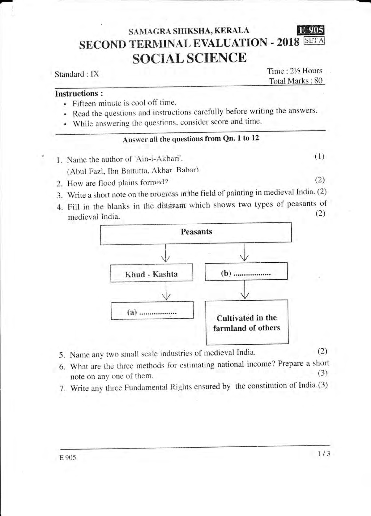 Kerala Class IX Second Term Exam Question Paper December 2018- Social ...