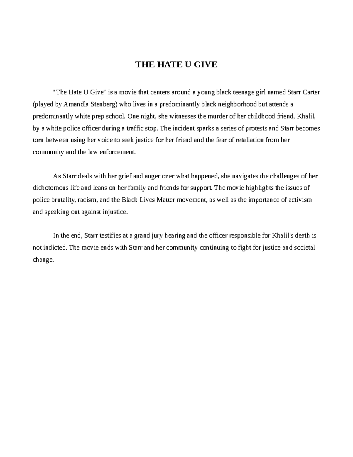 The hate u give Sinopse of the book THE HATE U GIVE "The Hate U