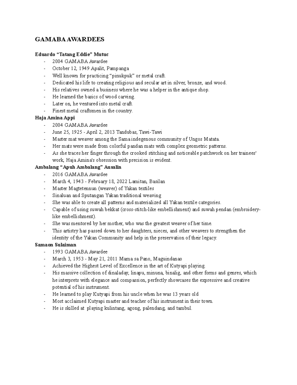 Gamaba Awardees n/a GAMABA AWARDEES Eduardo “Tatang Eddie” Mutuc