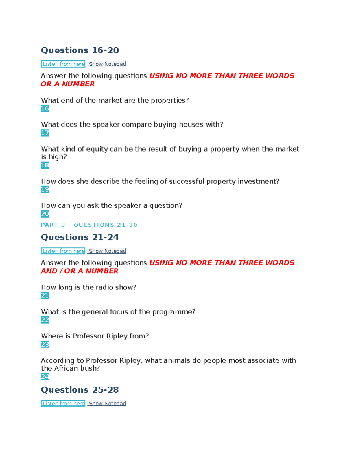 C123082023 de ielts Questions 16 Listen from here Show Notepad