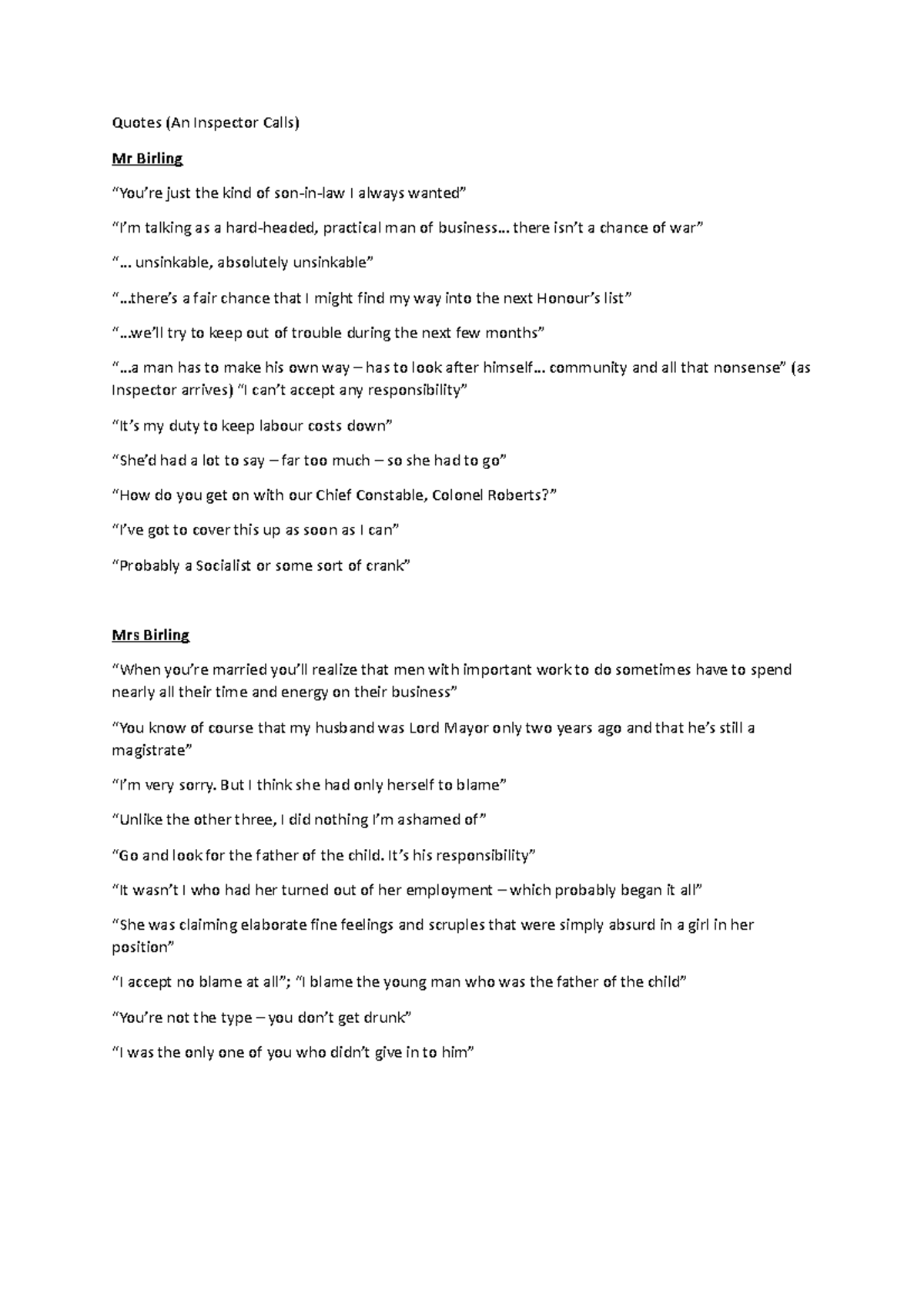 Quotes from An Inspector Calls Studocu