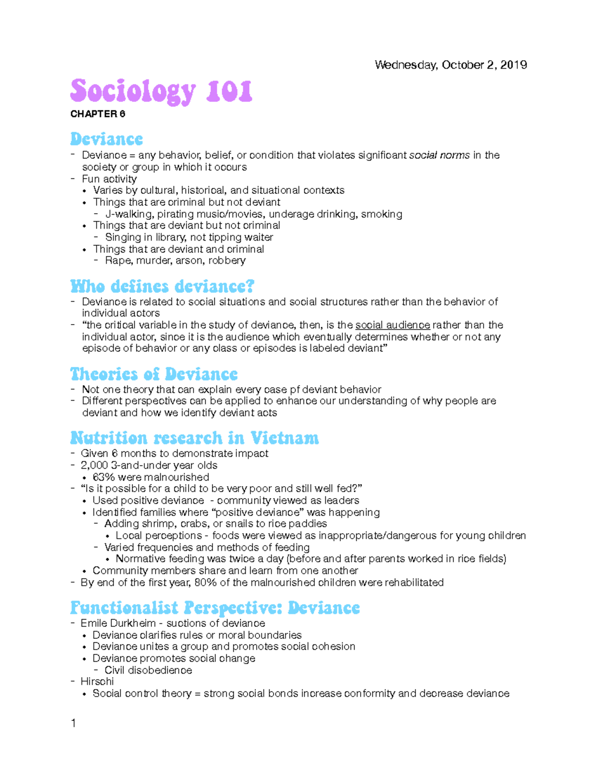 Sociology 10 - Lecture notes 6 - Wednesday, October 2, 2019 Sociology ...