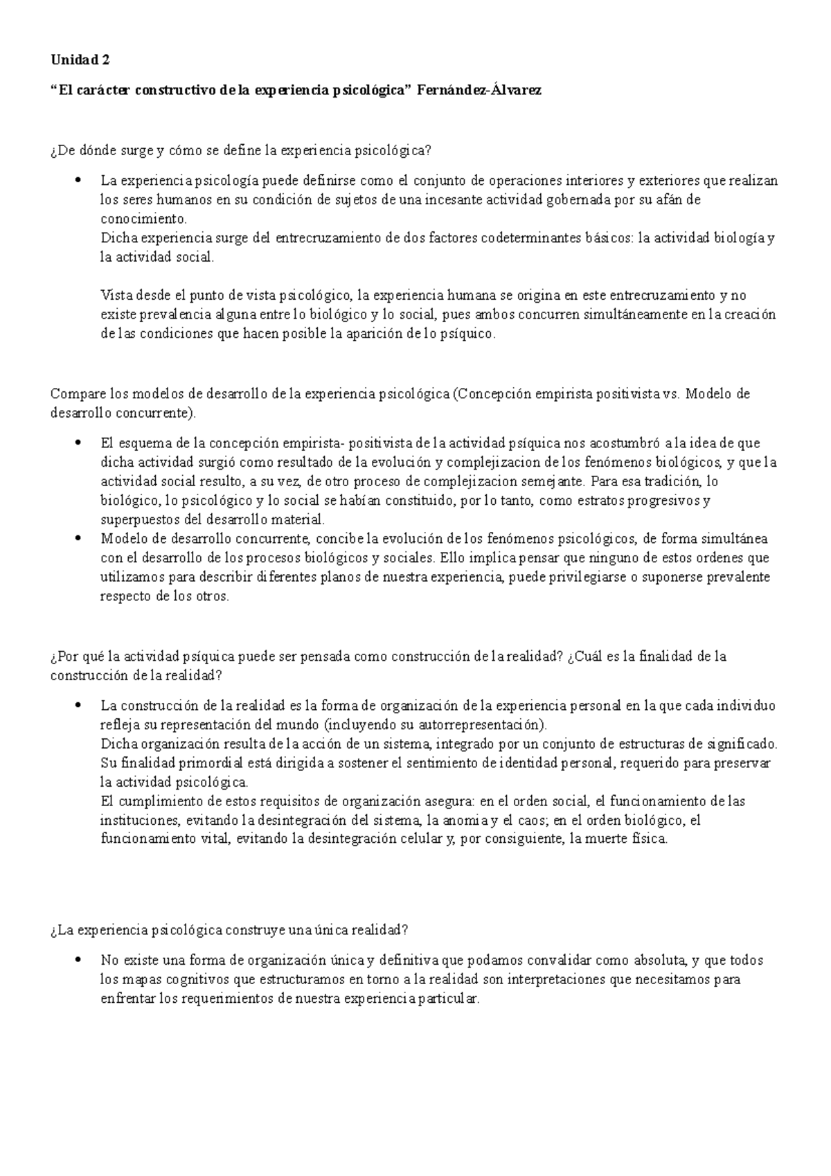 Resumen primer parcial - Unidad 2 “El carácter constructivo de la  experiencia psicológica” - Studocu