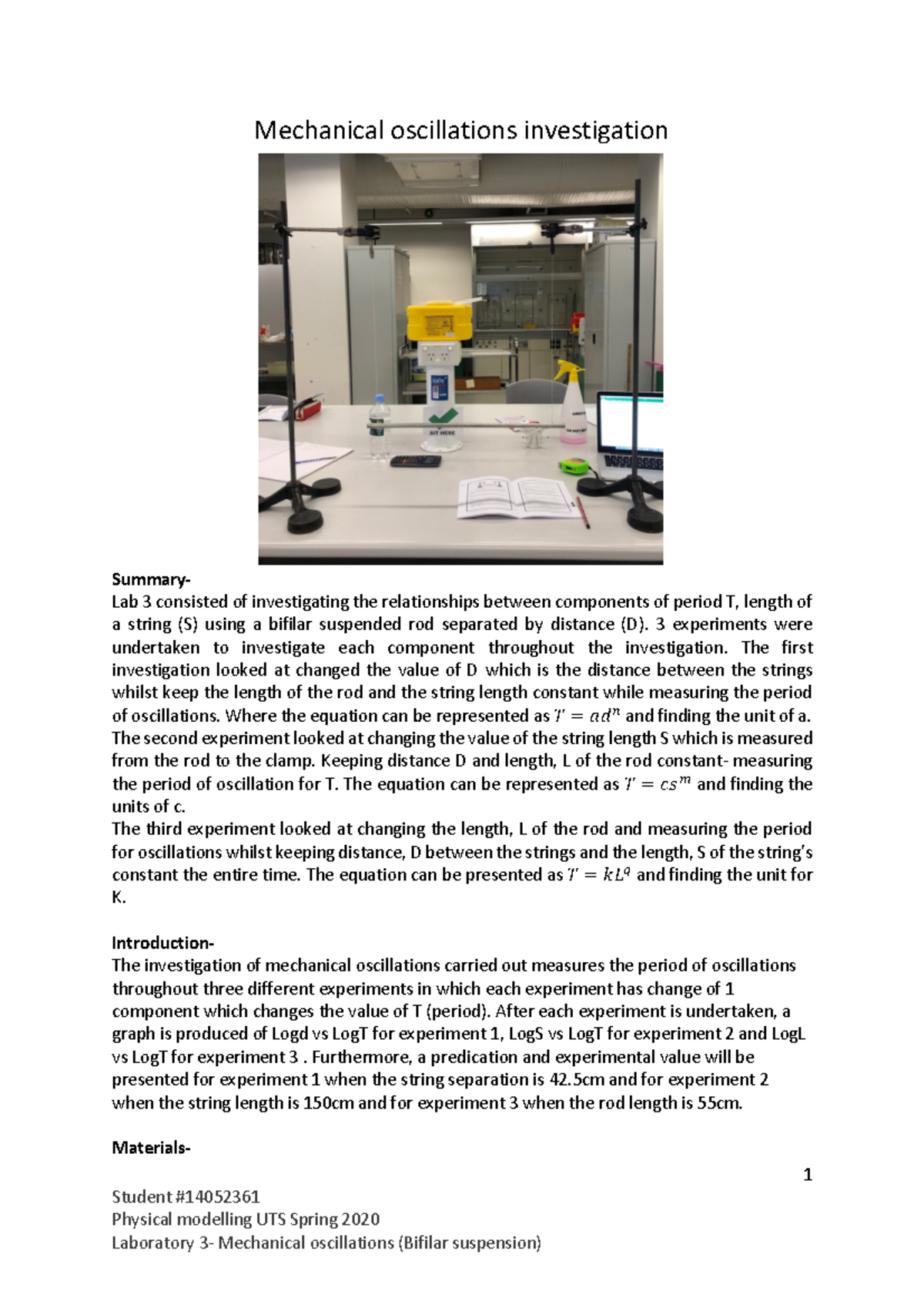14052361 Mechanical Oscillations LAB 3 Report 1 Student Physical modelling UTS Spring 2020