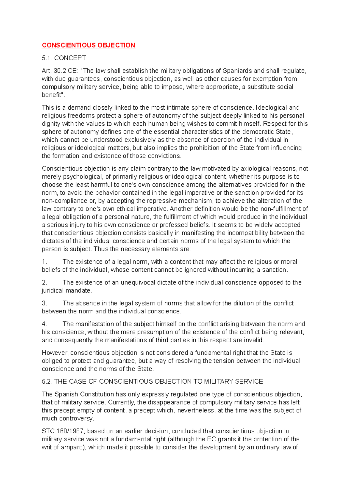 Conscientious Objection 7 CONSCIENTIOUS OBJECTION 5. CONCEPT Art. 30