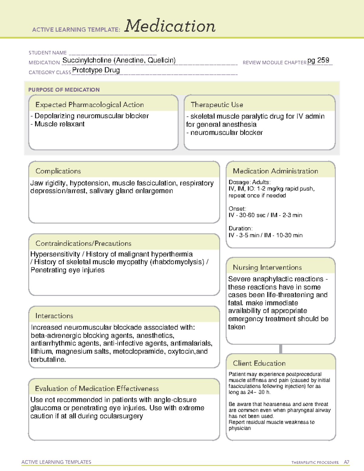 Succinylcholine (Anectine, Quelicin) Drug Card ACTIVE LEARNING