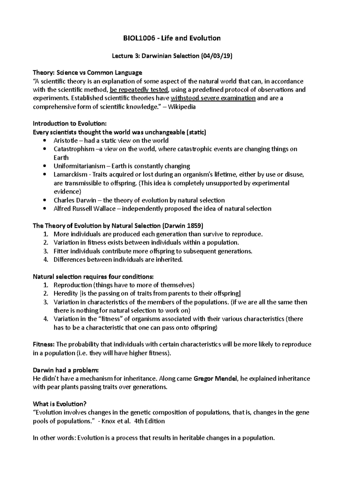 Lecture 3 - Darwinian Evolution - BIOL1006 - Life and Evolution Lecture ...