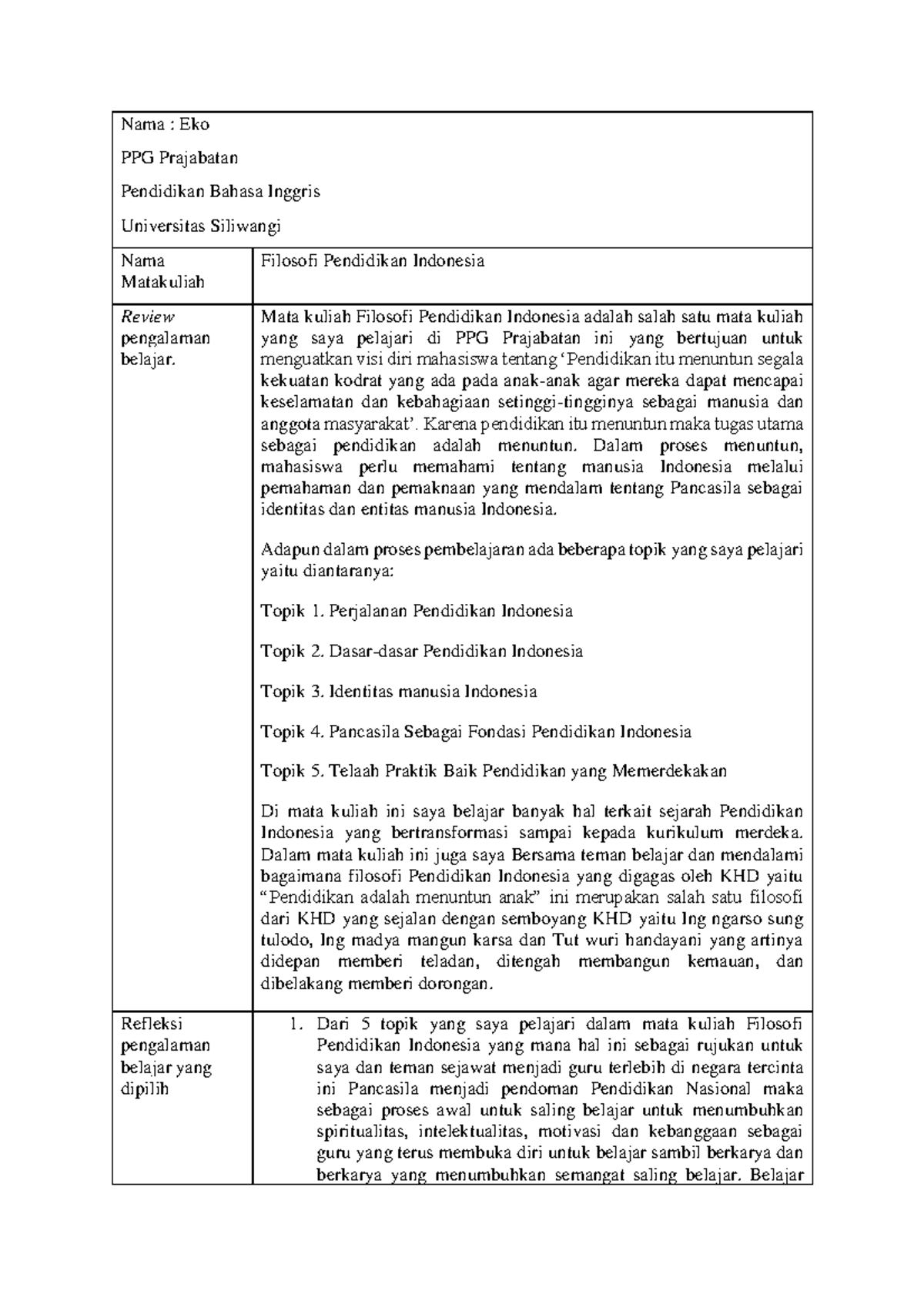 Jurnal Refleksi FPI (Filosofi Pendidikan Indonesia) Eko - Nama : Eko ...