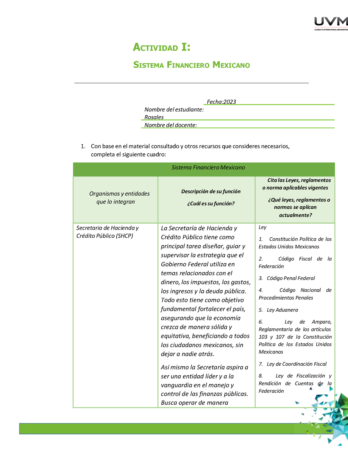 A#1Finanzas Bursatiles - ACTIVIDAD I: SISTEMA FINANCIERO MEXICANO Fecha ...