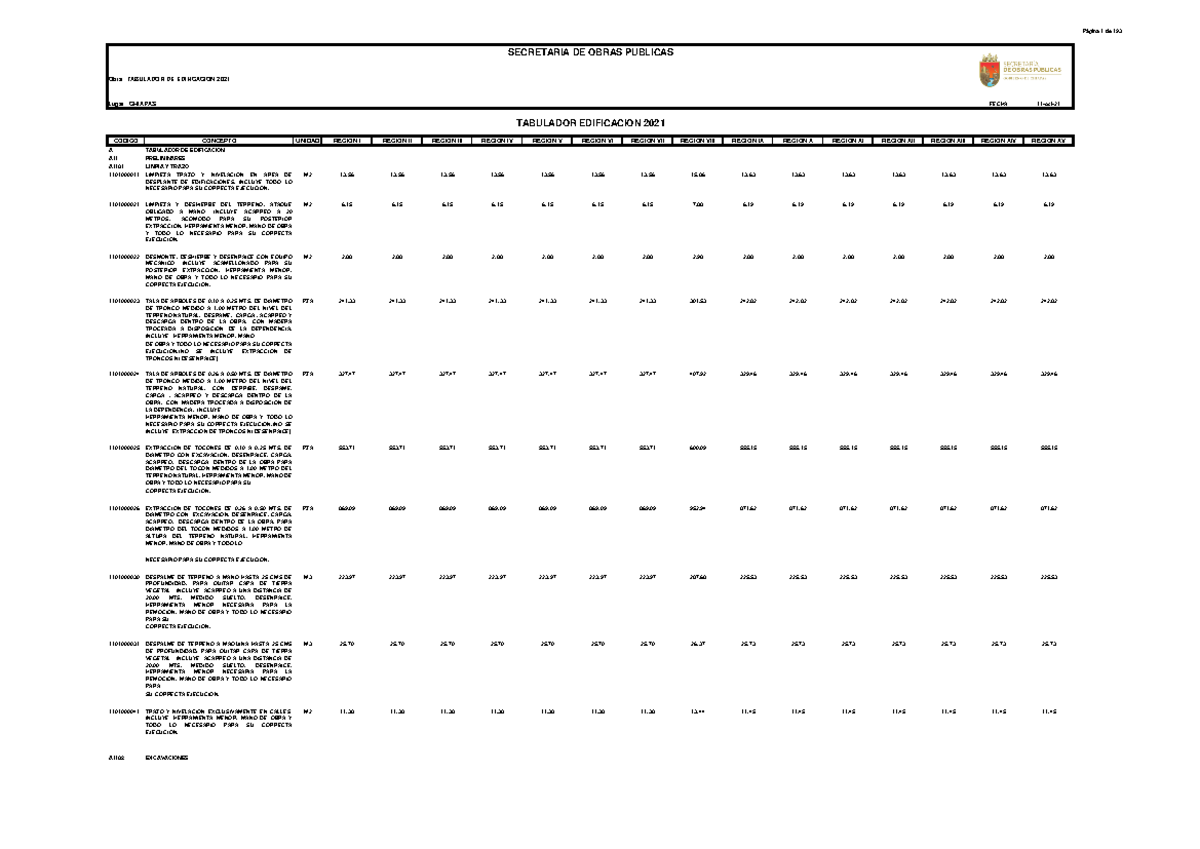 Tabulador DE Edificacion 2021 REG - SECRETARIA DE OBRAS PUBLICAS Obra ...