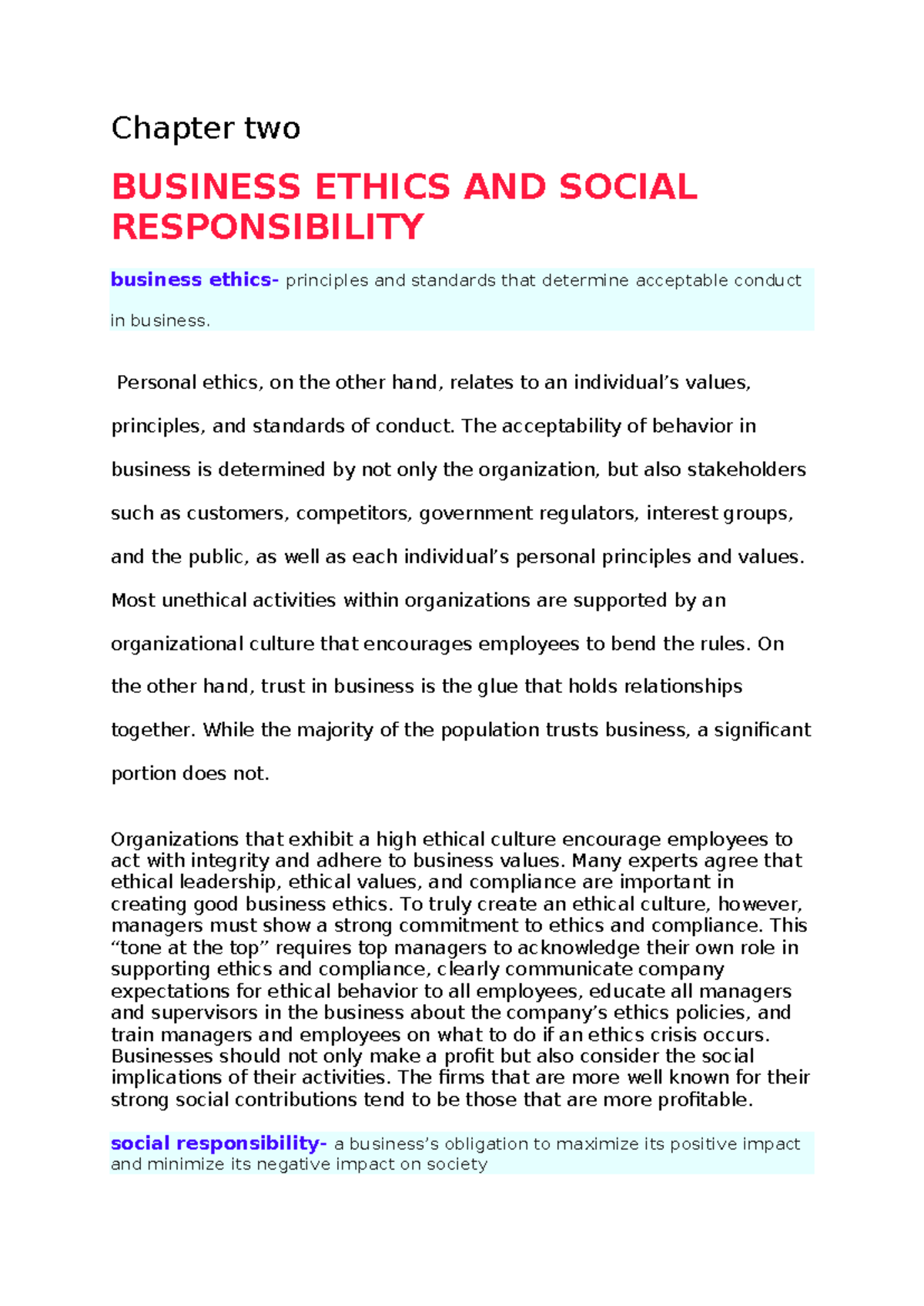 Chapter two - Summary - Chapter two BUSINESS ETHICS AND SOCIAL ...