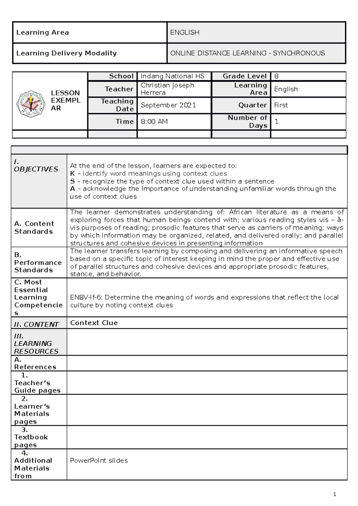 LE-G8-Q1-Week-1-MELC 1 - Learning Area ENGLISH Learning Delivery ...