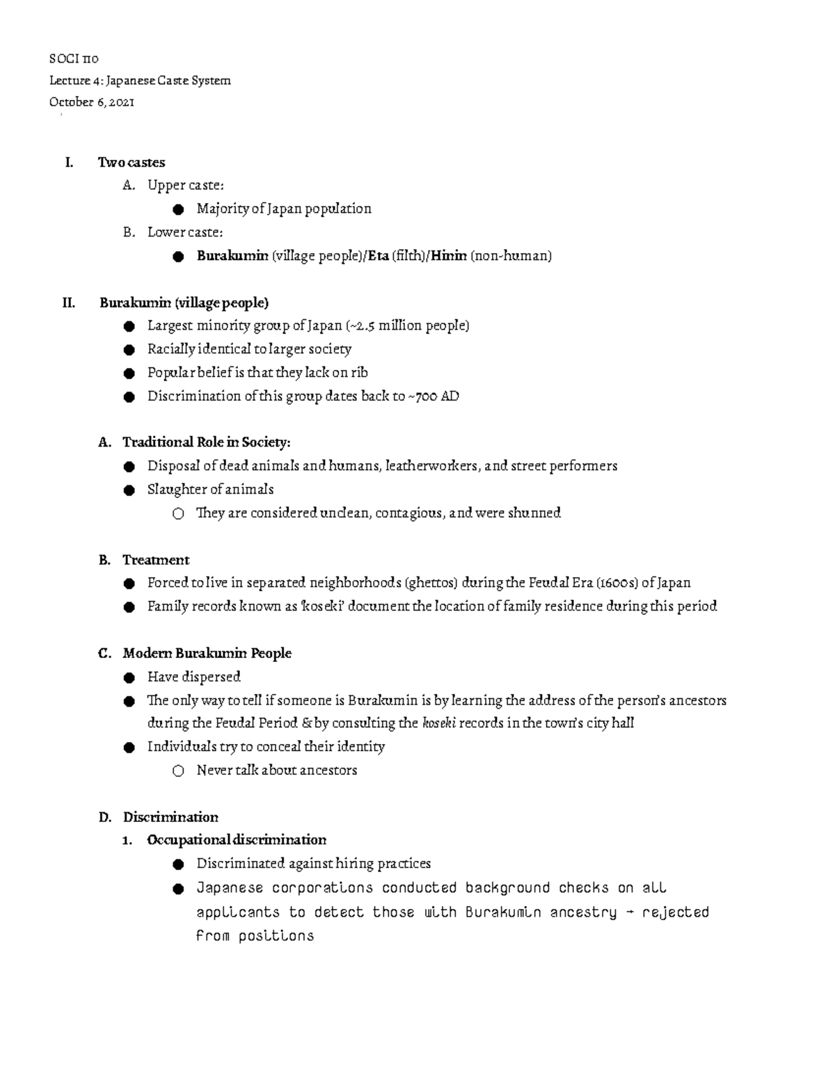 10 6 Lecture 4 Japan Caste System - SOCI 110 Lecture 4: Japanese Caste ...