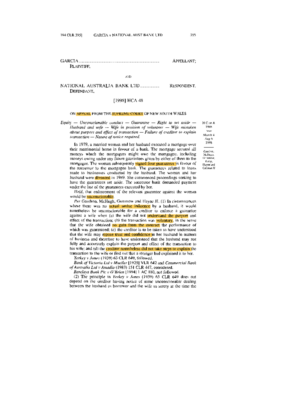 (1998) 194 CLR 395 Laws 105