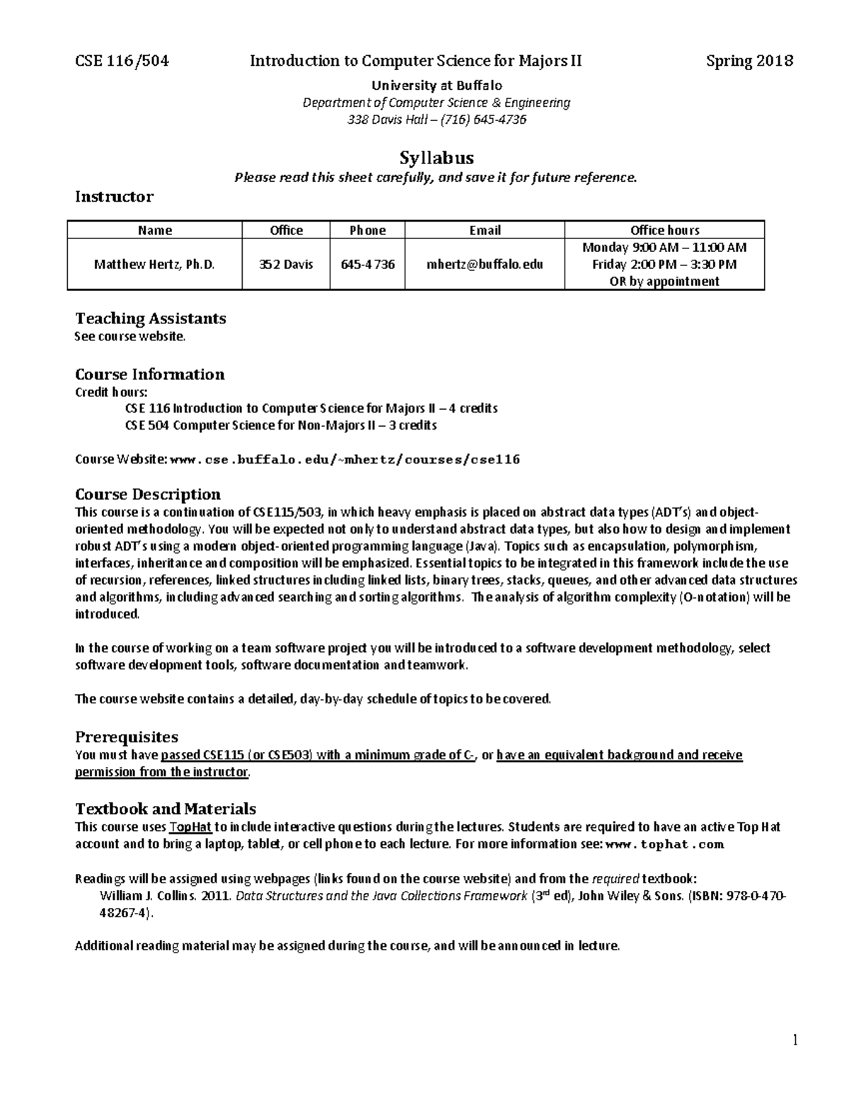 CSE 116 Syllabus - CSE 116/504 Introduction to Computer Science for ...