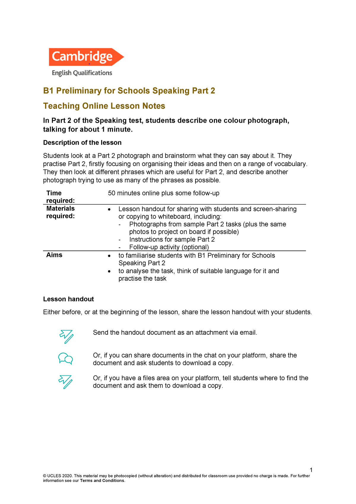 B1 preliminary for schools speaking part 2 teaching online lesson notes ...