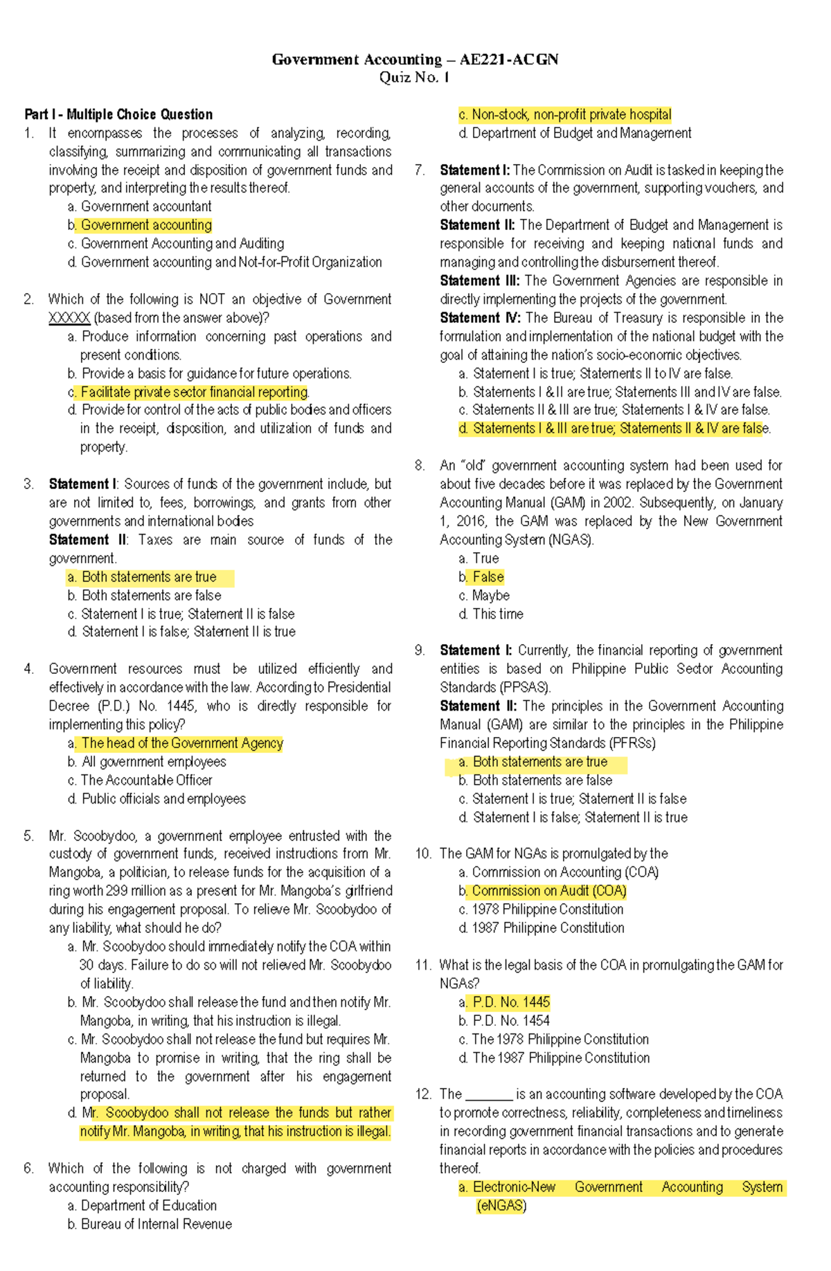 Quiz 1 answer key - Government Accounting - Government Accounting ...