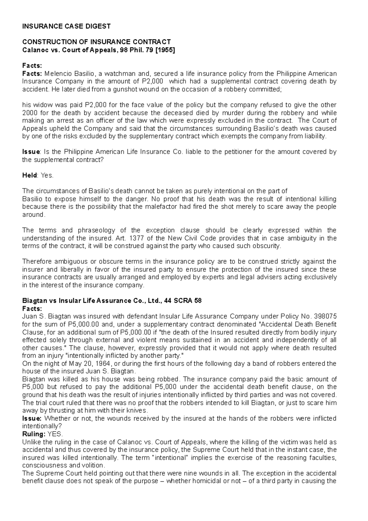 Insurance Case digests Case 1 70 - INSURANCE CASE DIGEST CONSTRUCTION ...