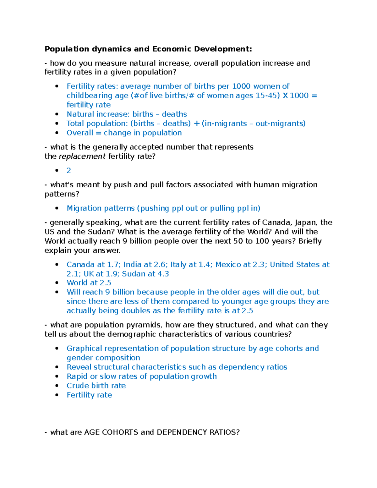 Final exam notes - Population dynamics and Economic Development: how do ...