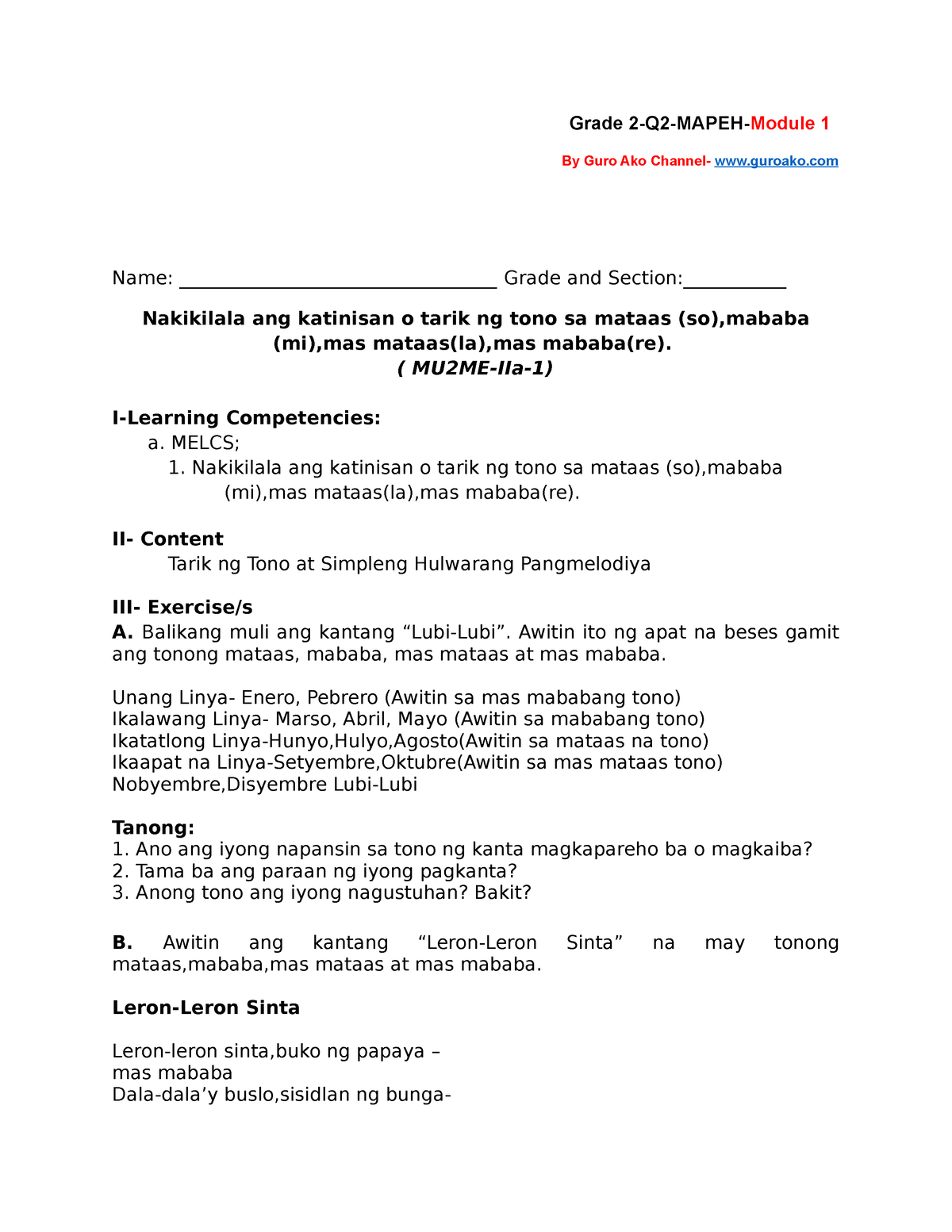 Grade 2-Q2- Mapeh-Module 1 - Grade 2-Q2-MAPEH-Module 1 By Guro Ako ...