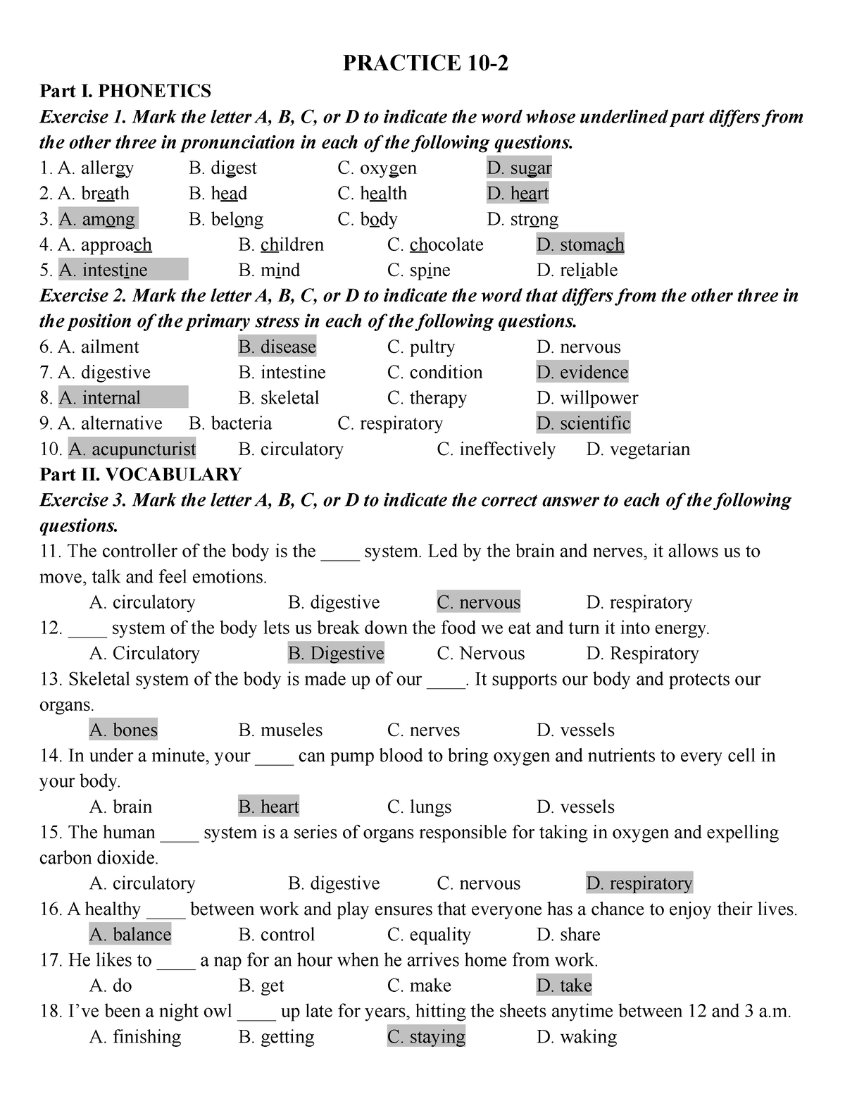 BÀI LUYỆN TRẮC NGHIỆM 10-2 -Có đáp án - PRACTICE 10- Part I. PHONETICS ...