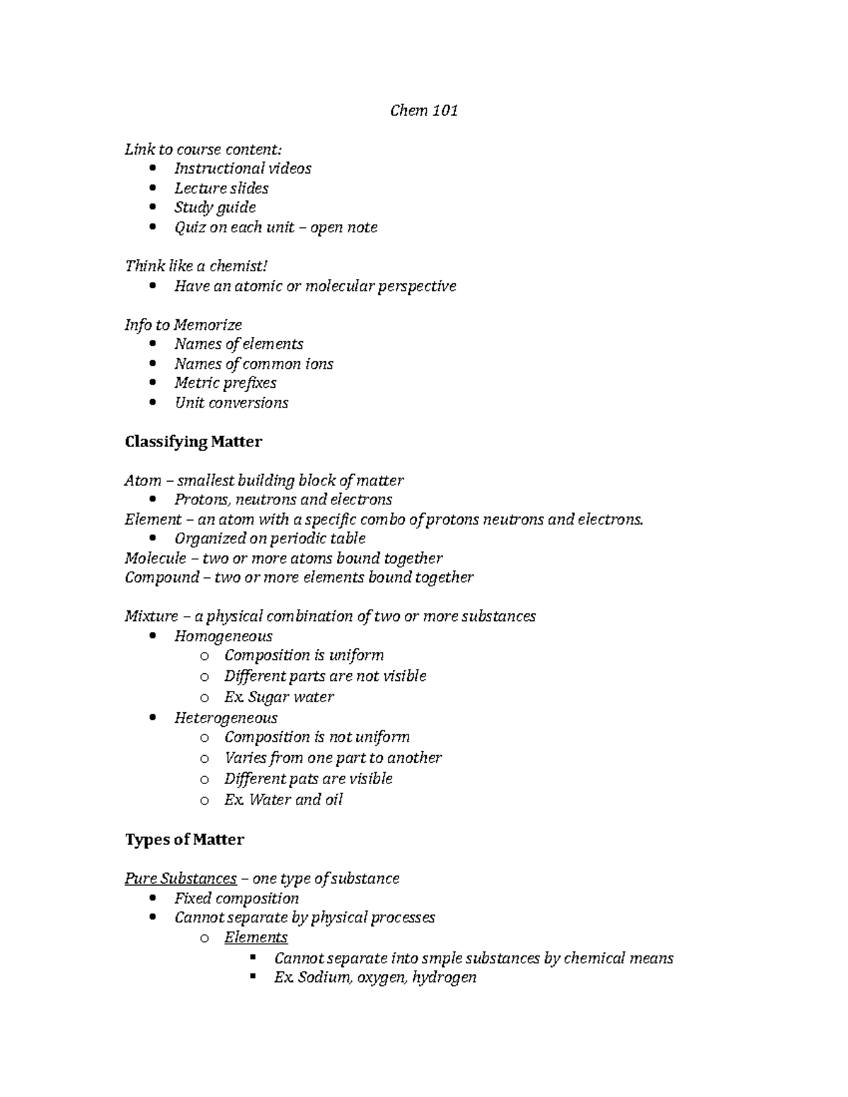 Chem 101 Notes Chem101 Introductory General Chemistry