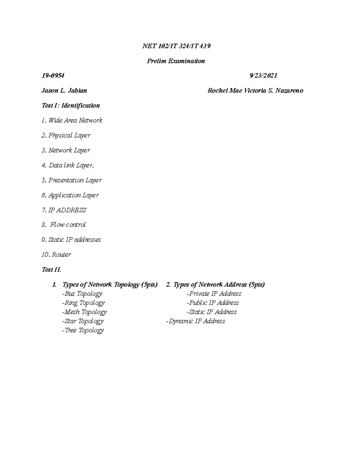NET 102 Prelim EXAM - NET 102/IT 324/IT 439 Prelim Examination 19-0954 ...
