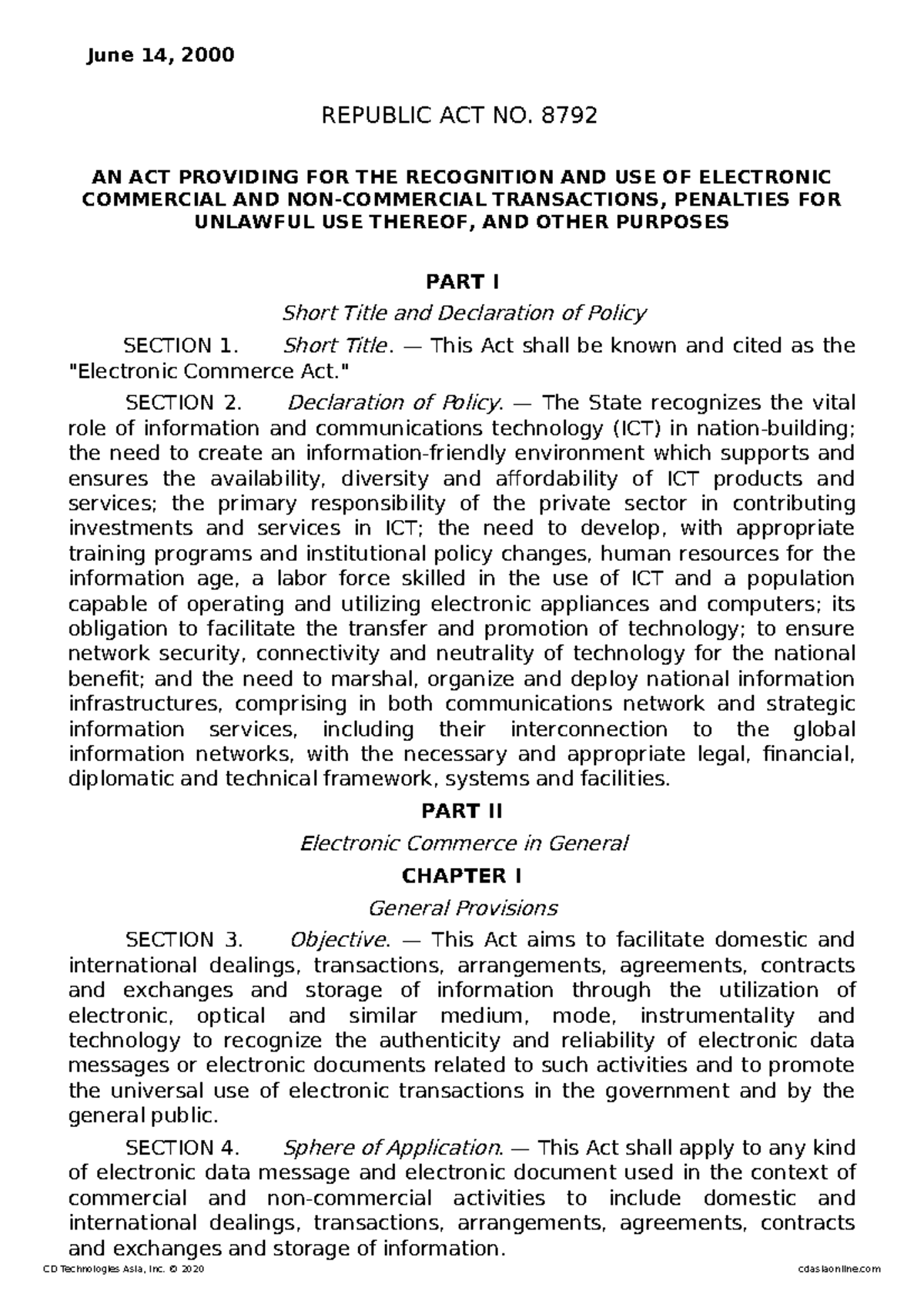 Electronic Commerce Act - June 14, 2000 REPUBLIC ACT NO. 8792 AN ACT ...