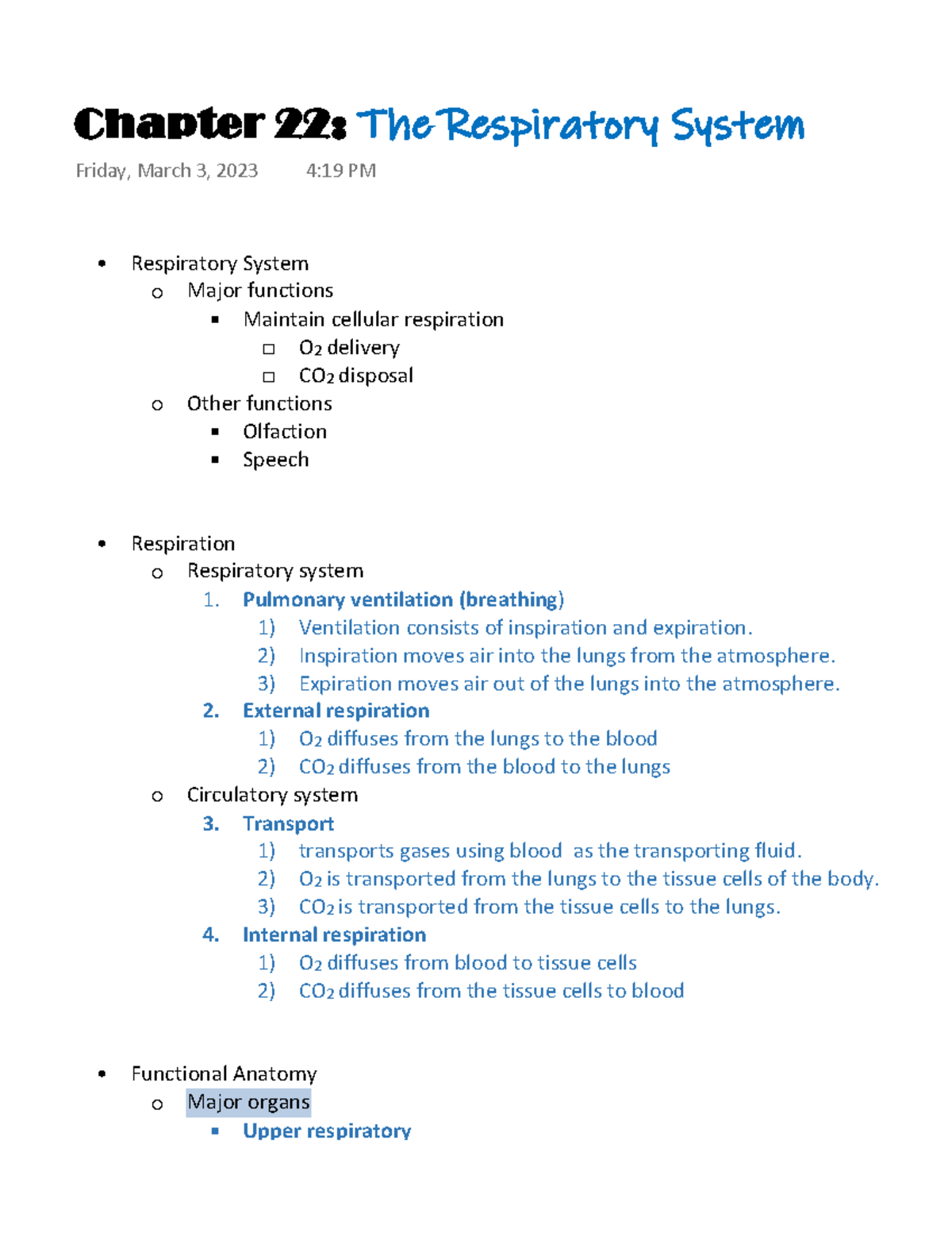 Chapter 22 The Respiratory System - Respiratory System Major Functions ...