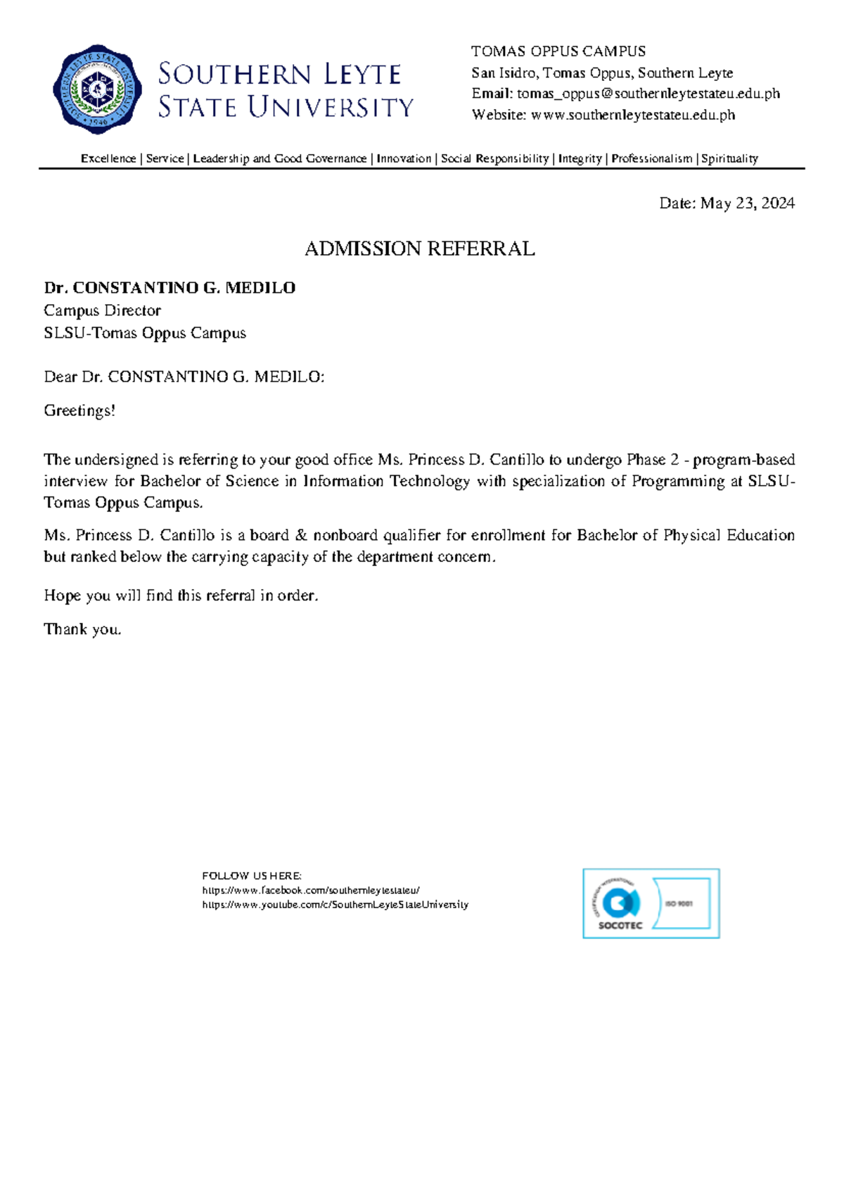 Admission referral form princess cantillo - TOMAS OPPUS CAMPUS San ...