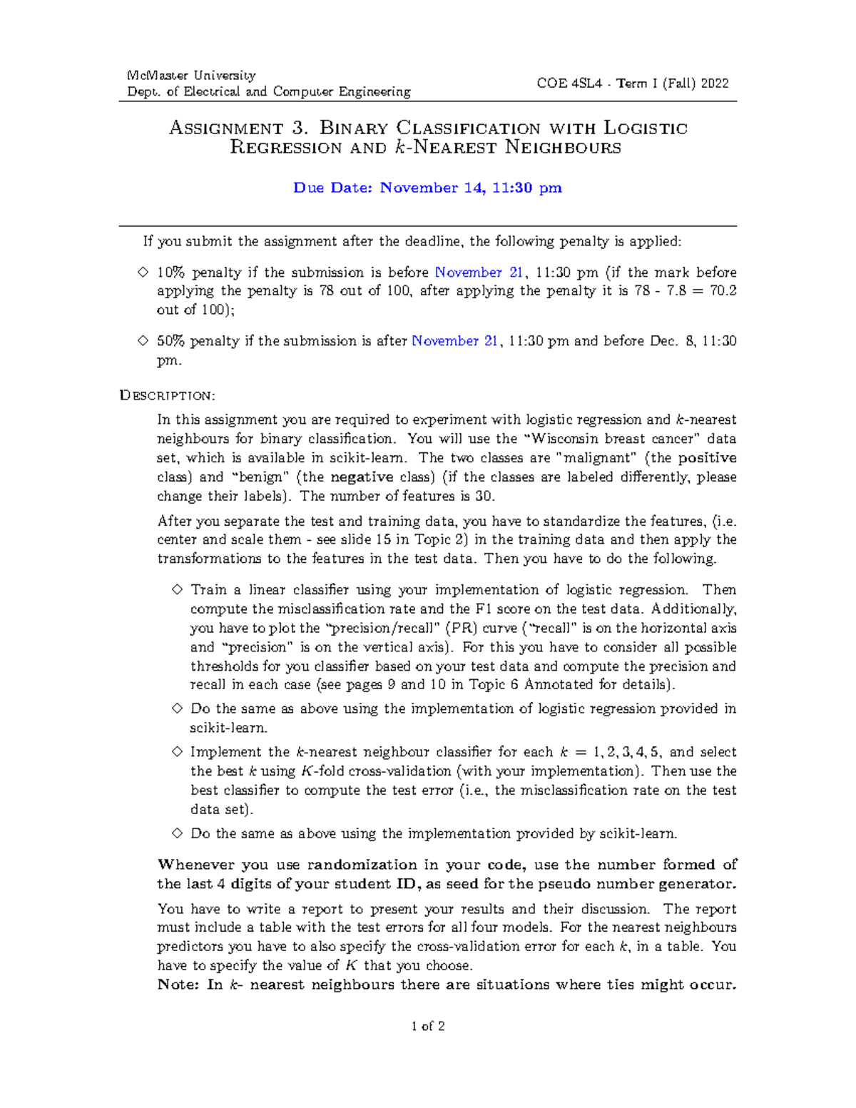 A3 2022 Assignment 3 McMaster University Dept. of Electrical and