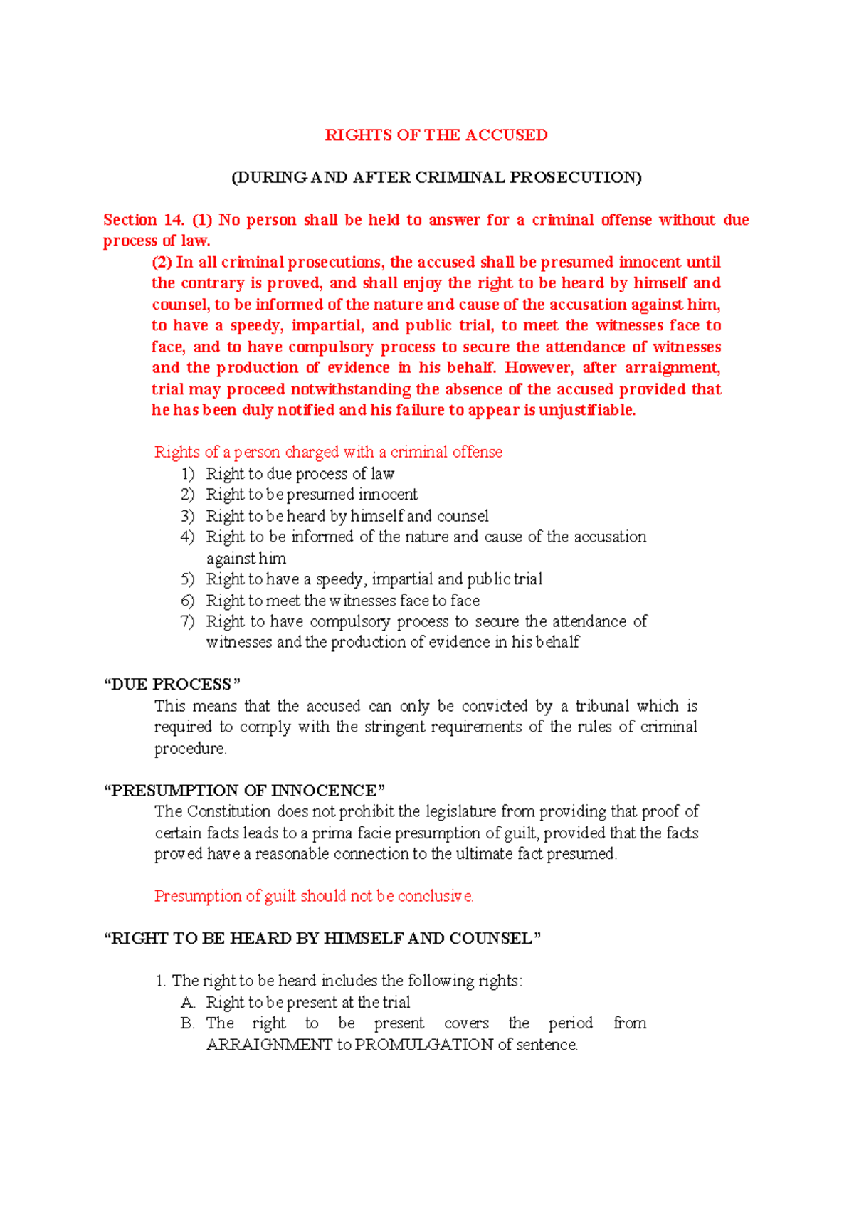 Consti 2 Finals Notes - RIGHTS OF THE ACCUSED (DURING AND AFTER CRIMINAL PROSECUTION) Section 14 ...