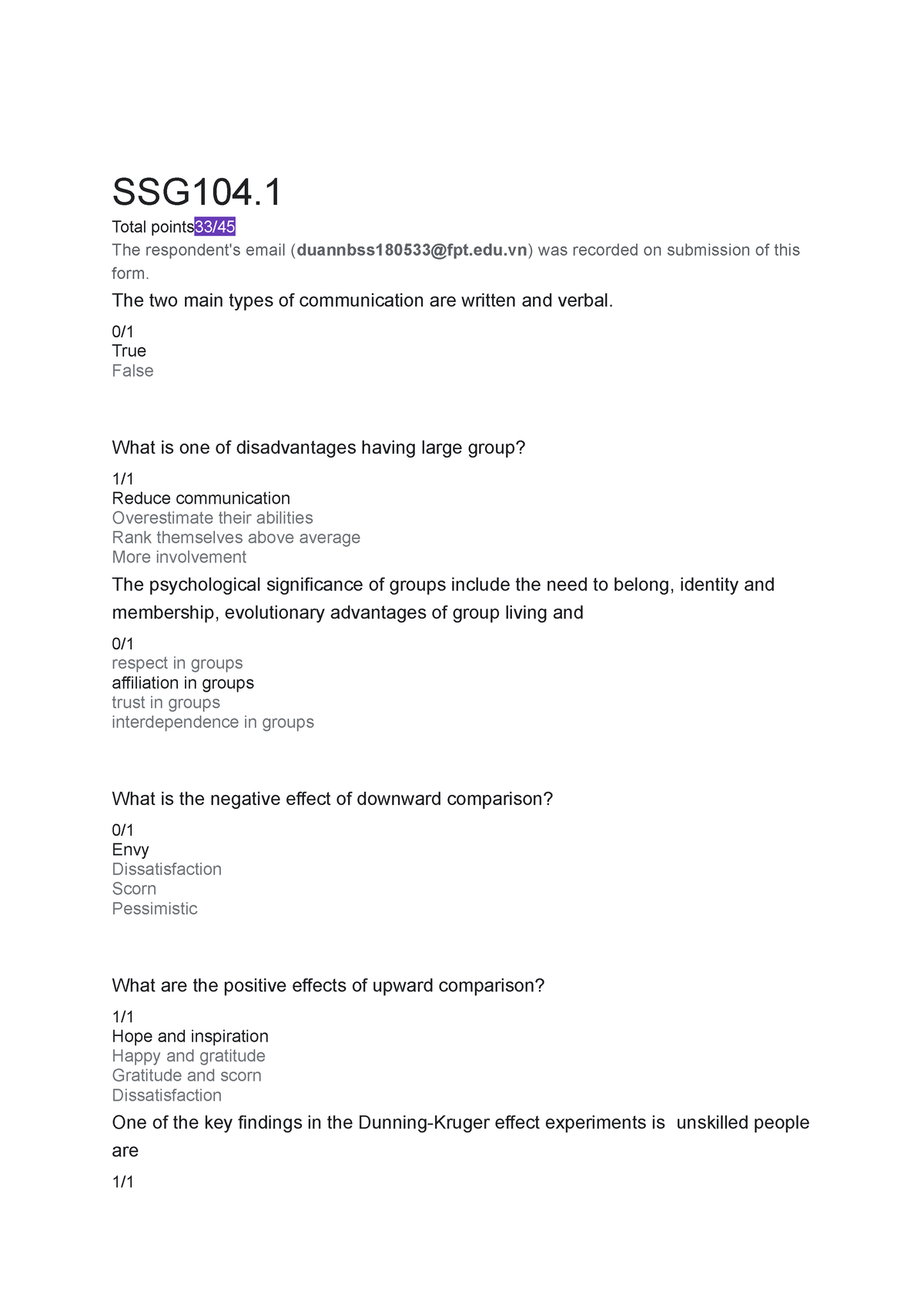 SSG104 - Quiz - SSG104. Total Points33/ The Respondent's Email ...