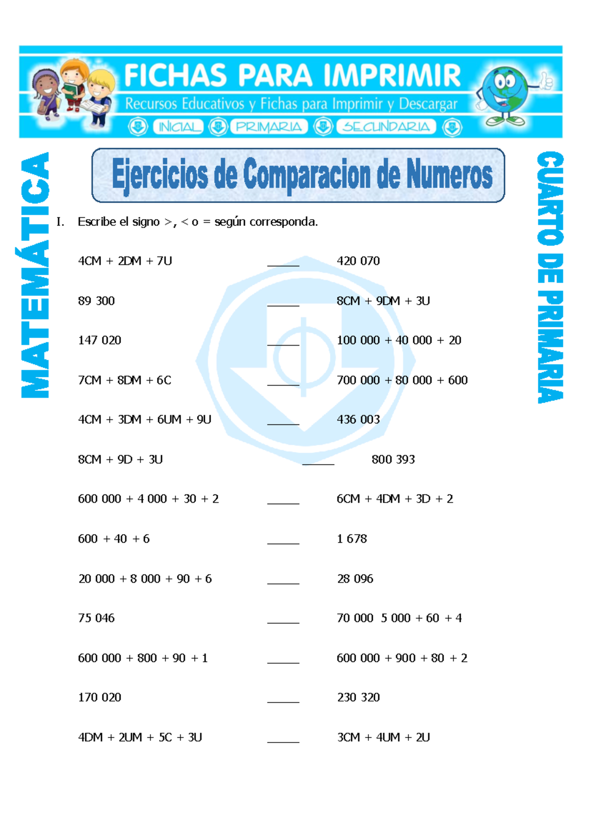 Ficha Ejercicios De Comparacion De Numeros Para Cuarto De Primaria ...