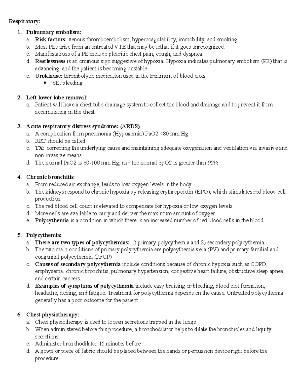 Respiratory nclex - Respiratory: 1. Pulmonary embolism: a. Risk factors ...