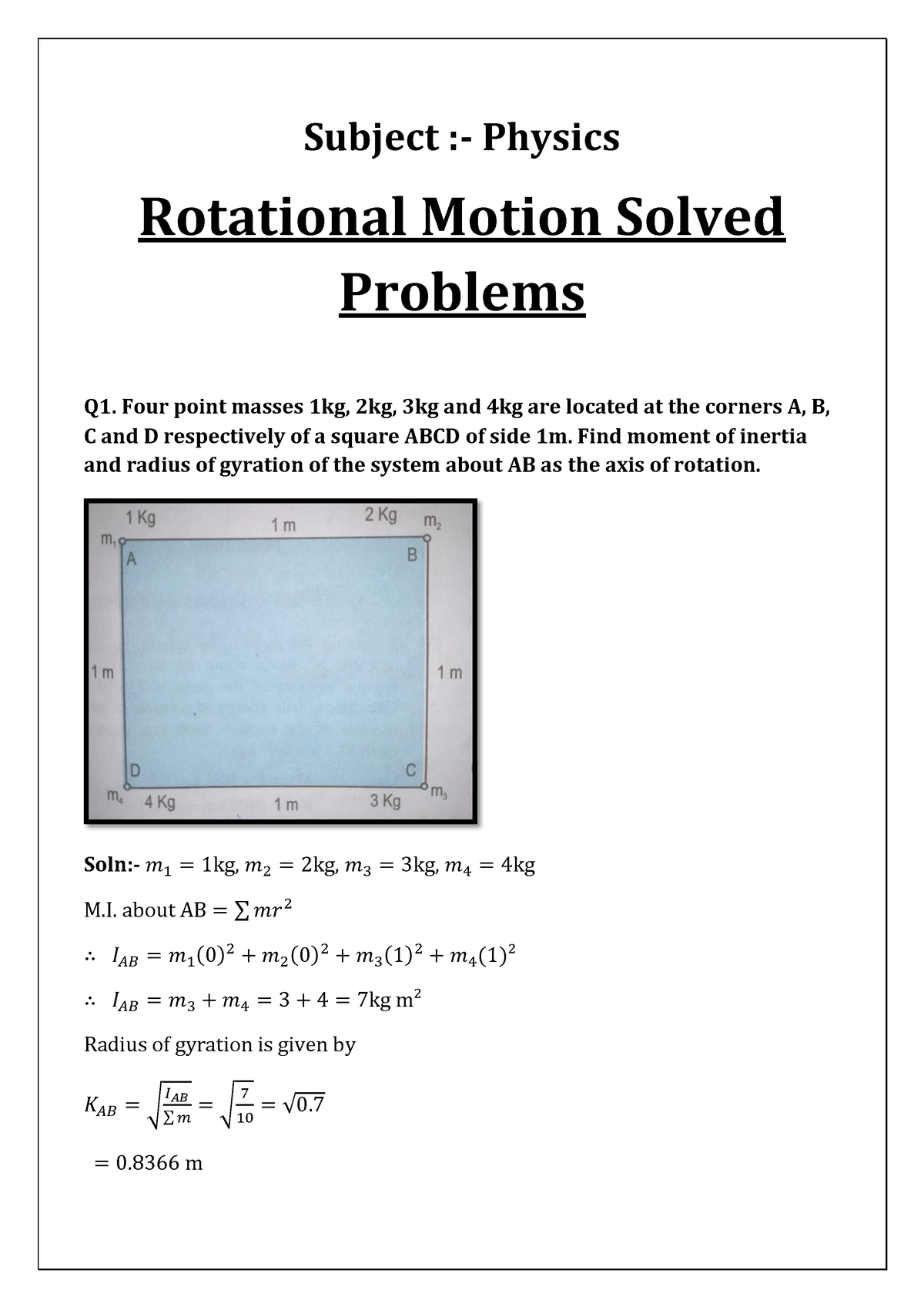 Rotational Motion Solved Problems Subject Physics Rotational 